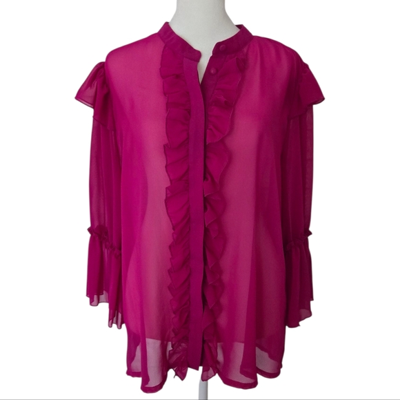 V Cristina Tops - V Cristina Women's Sheer Mgenta Ruffle Blouse Size M